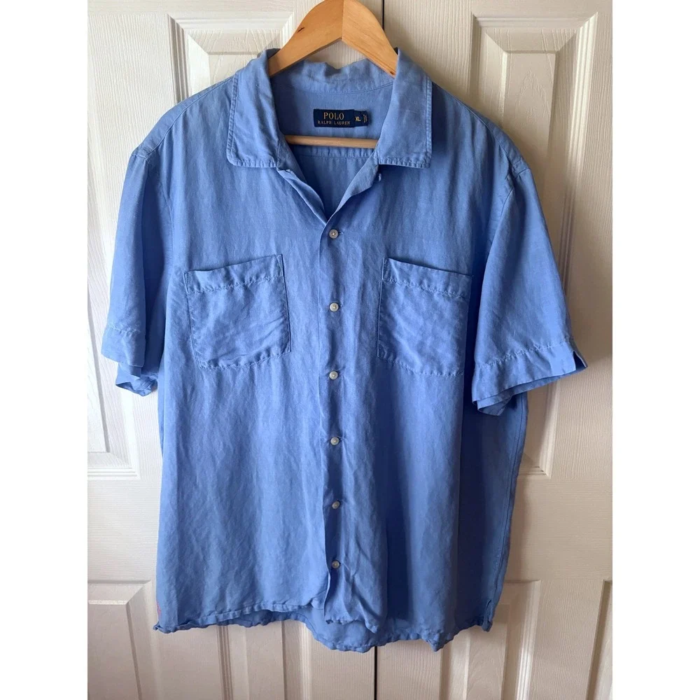 Polo Ralph Lauren Blue Linen Silk Blend Button Front Camp Shirt XL